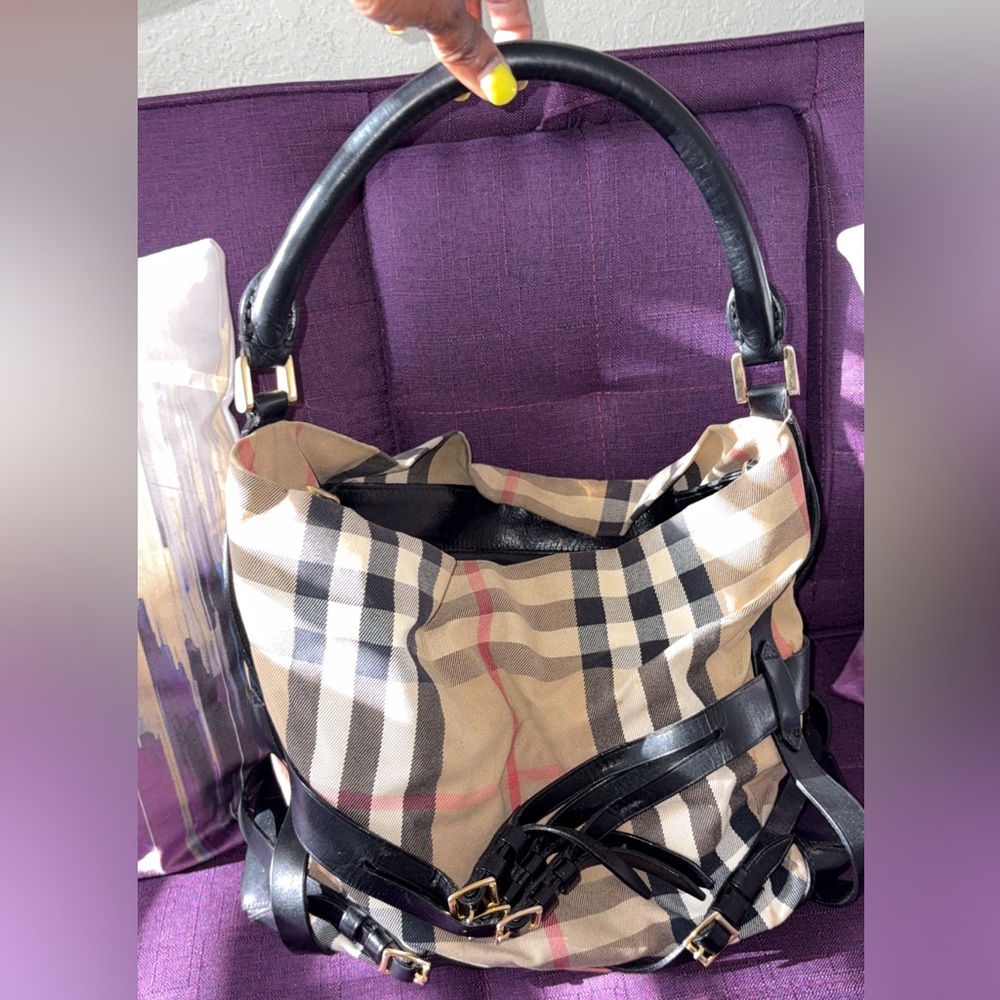 Burberry Beige Plaid Shoulder Bag with Black Leather Trim